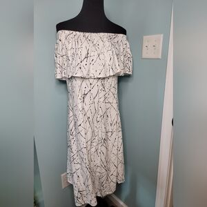 CHELSEA & THEODORE Linen Blend Dress Off The Shoulder White Black Women's L